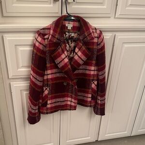 Anthropologie Pink and Red Plaid Pea Coat